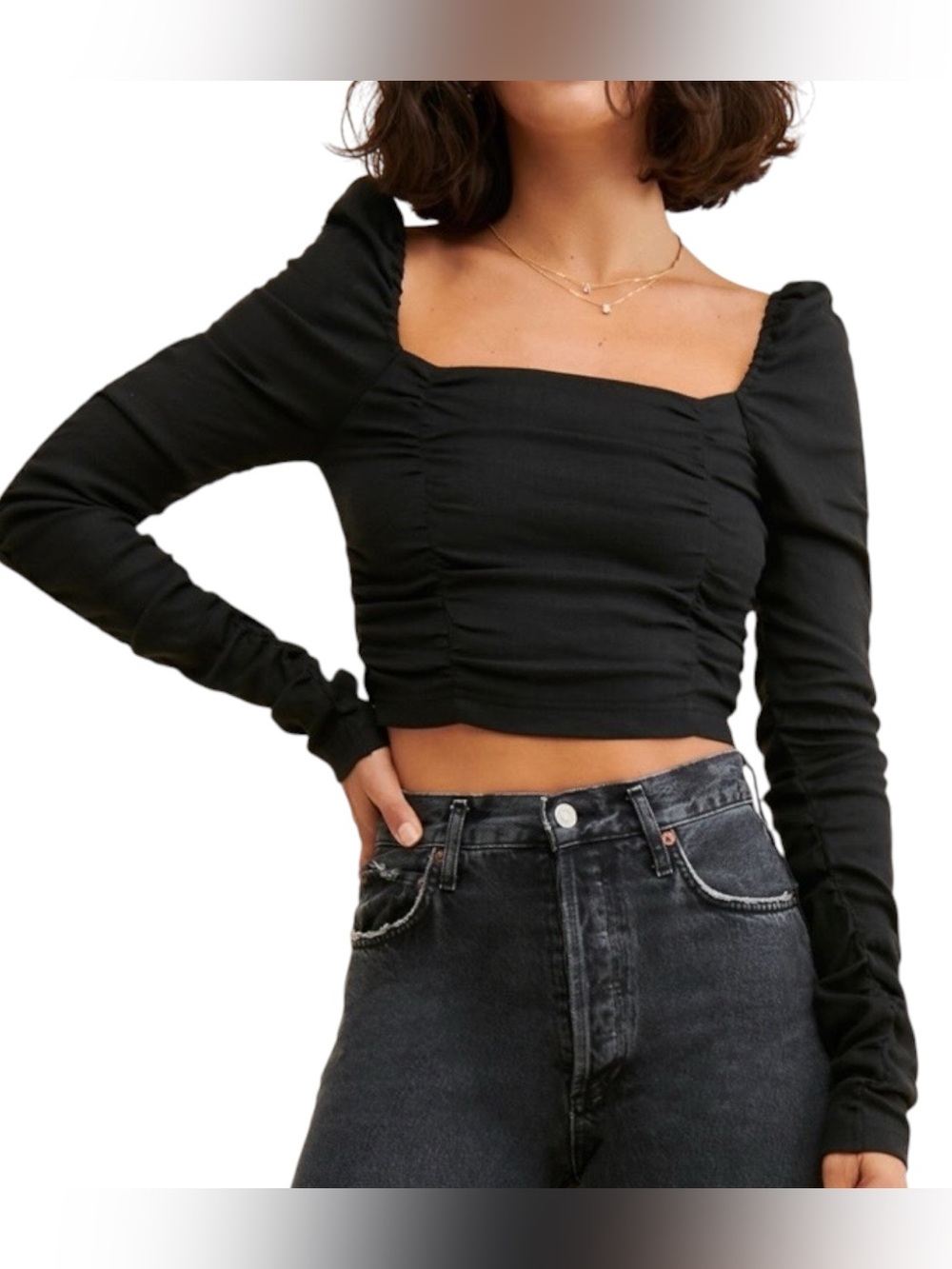 Audette Studios Roma Ruched Top Black Ruched Long-Sleeve Crop Top Tie Deta